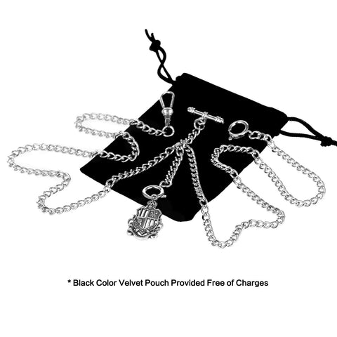 Dope Men's Double Albert Chain Pocket Watch T Bar Chain With Curb Link Three Hooks And Antique Shield Silver Pendant Fob Charm Vest Clip Accessory Total Length 28.5 Inches For Classic Dress Or Everyday Style