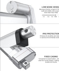 Justech 12V heavy-duty linear actuator with mounting bracket; 8-inch stroke, silver metal housing, IP65 protection.