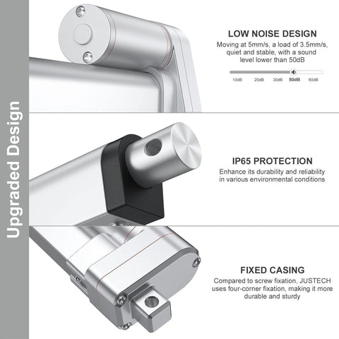 Justech 12V heavy-duty linear actuator with mounting bracket; 8-inch stroke, silver metal housing, IP65 protection.