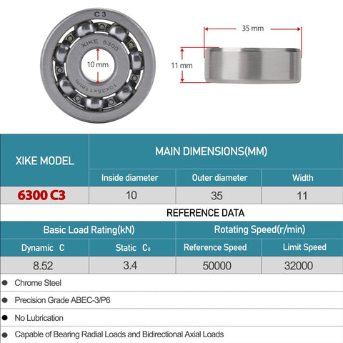 XiKe 6300-C3 deep groove ball bearing, front and side views, 10mm bore, 35mm OD, 11mm width, two pieces