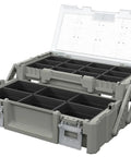 Open Olive Green Cantilever Tool Box Organizer With 18 Removable Bins For Easy Hardware Storage, two-level design visible