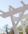 Close-up of Vinyl Garden Archway For Outdoors, white lattice trellis design, weather-resistant PVC structure against sky