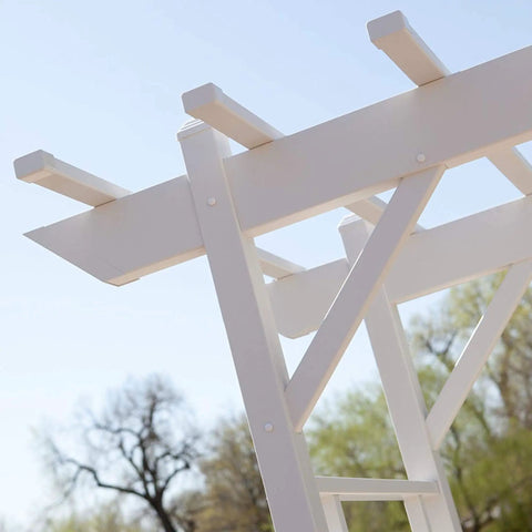 Close-up of Vinyl Garden Archway For Outdoors, white lattice trellis design, weather-resistant PVC structure against sky
