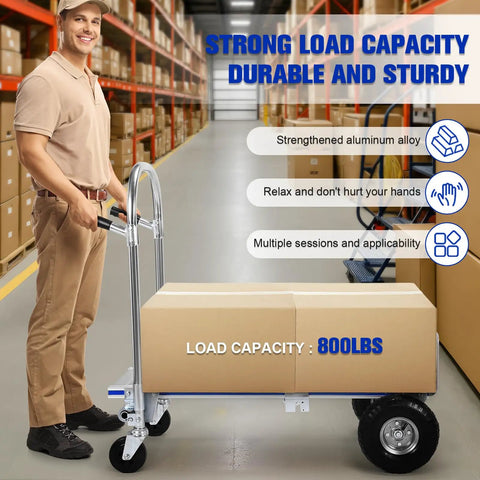 2 In 1 Heavy Duty Industrial Cart With Wheels Folding Dolly Cart 800 Lbs Capacity Foldable Toe Plate Durable Steel Frame in warehouse