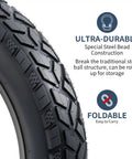 Close-up of Heavy Duty Fat Bike Tire 20x4.0 for EBikes and MTB, directional tread, ultra-durable steel bead, foldable feature.