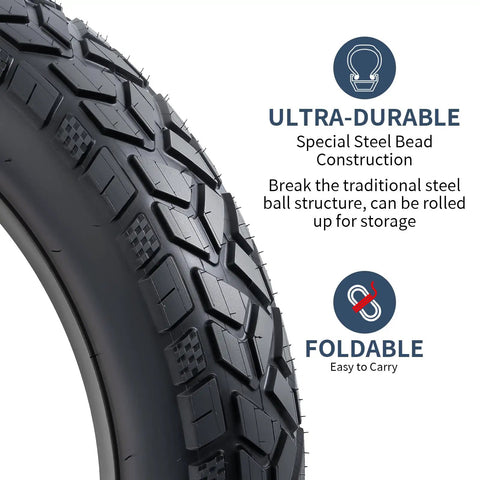 Heavy Duty 20x4 Fat E Bike Tires And Tubes Set For Electric Bikes And Mountain Bikes All Terrain High Performance 20x4 Tires With 32mm Schrader Tubes And Directional Tread Fits 20x4 E Bike MTB, foldable tread close-up