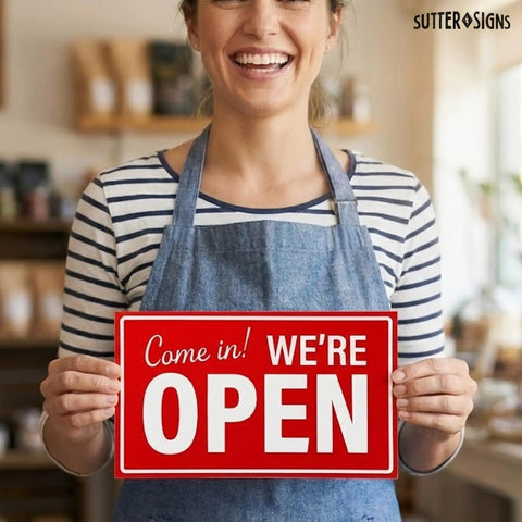 Person holding red Open And Closed Sign For Biz 10 By 6 Inches Double Sided Plastic Sign in a business setting