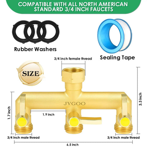 Heavy Duty Brass Garden Hose Splitter Three Way With Metal Shutoff Valve And Extension Handle Three Quarter Inch Connection Outdoor Faucet Spigot Manifold For Power Splitting Water To Multiple Hoses Built Tough And Rust Resistant, 3/4-inch threads