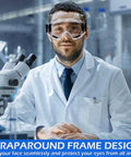 Scientist wearing 6 Pack Safety Goggles Set ANSI Z87.1 Anti Fog Eye Protection For Lab Work Men Women Multicolor Frames in lab