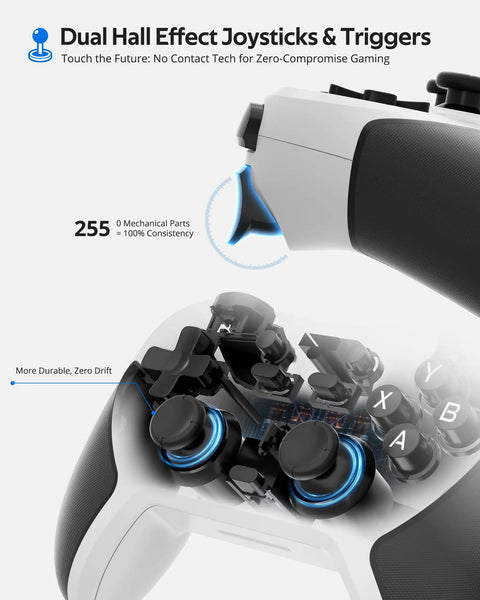Wireless Gaming Controller With Broad Device Support For PC Switch iOS Android PS3 PS4 Steam Mac featuring dual hall effect joysticks.