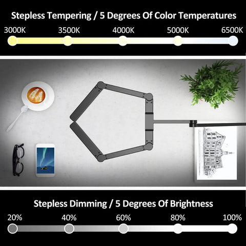 Top view of Transformable LED Desk Lamp With Clamp, 41.5 Inch Architect Style Office Light featuring stepless tempering and dimming options.