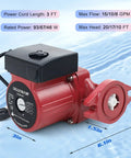 115V 1 Inch FNPT Flanged Hot Water Recirculating Pump With 3 Speed Switchable Circulation For Boiler Solar Heater And Hydronic Radiant Heating displayed with technical specifications, red body on watery background.