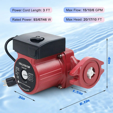 115V 1 Inch FNPT Flanged Hot Water Recirculating Pump With 3 Speed Switchable Circulation For Boiler Solar Heater And Hydronic Radiant Heating displayed with technical specifications, red body on watery background.