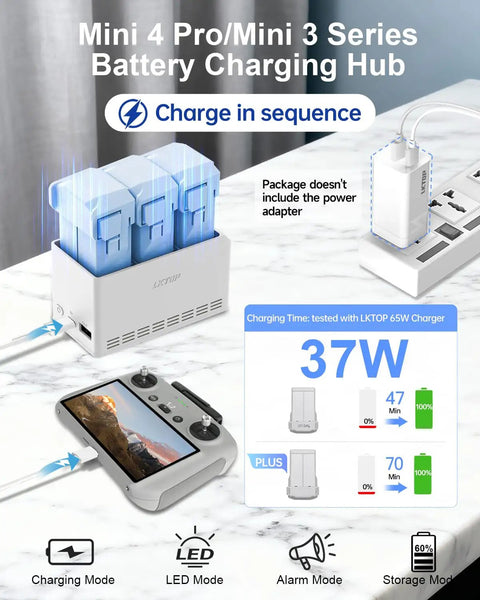 37W Mini Battery Charging Hub Kit For DJI Mini 5 Pro 4 Pro 3 Pro 3 Drones, charging demonstration with controller and adapter.