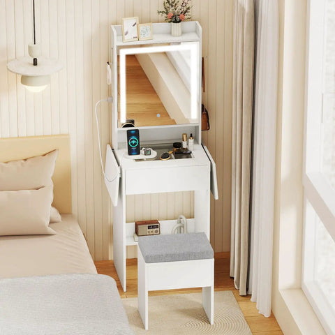 Girls 20 Inch Vanity Desk With Lighted Mirror And Charging Station, space-saving makeup table in white with stool, in bedroom setting