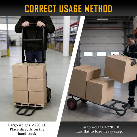 Demonstration of Beefy Heavy Duty Hand Truck With 600 Lb Capacity Steel Construction Two Wheel Dolly for varying cargo weights.
