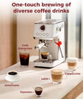 Top Shelf Dual Boiler Espresso Machine With 58 MM Commercial Brew Head And Powerful Steam Wand For Killer Crema And Easy Home Barista Shots In Classic Ivory, showcasing various coffee drinks.