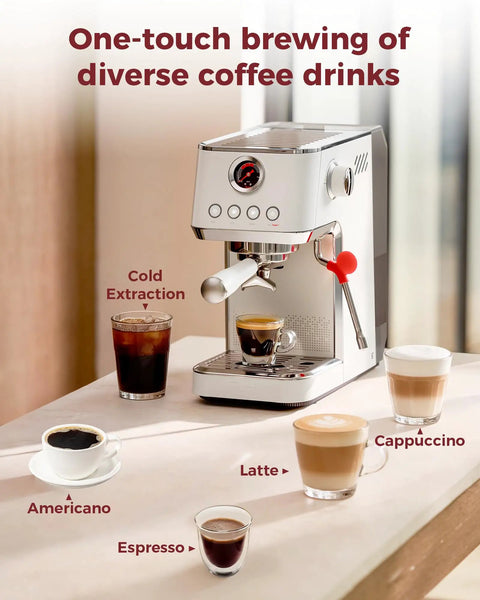 Top Shelf Dual Boiler Espresso Machine With 58 MM Commercial Brew Head And Powerful Steam Wand For Killer Crema And Easy Home Barista Shots In Classic Ivory, showcasing various coffee drinks.