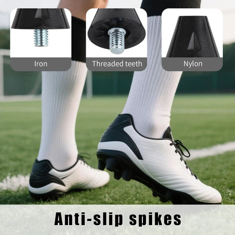 Close-up of nylon plastic soccer cleats, threaded teeth for football boots, anti-slip spikes on grass field.
