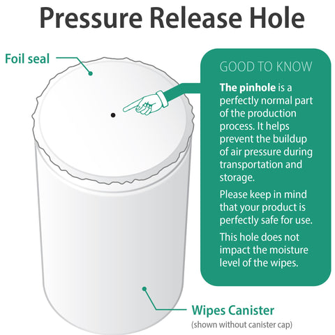 Image of an alcohol wipes canister showing the pressure release hole under the foil seal. Alcohol Wipes For Electronics With 70 Percent Isopropyl Alcohol.