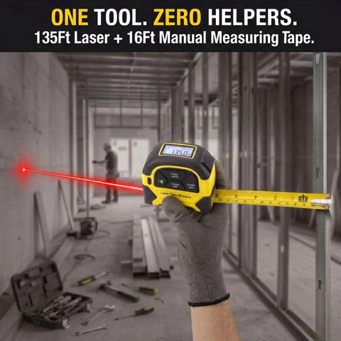 2 In 1 Laser Tape Measure With 130 Ft Digital Laser And 16 Ft Manual Tape, Magnetic Hook, Pythagorean Calculations, Area And Volume, LCD Screen, Inch Metric Ft Unit For Builders, Carpenters, And DIY Woodworking Pros in use on construction site