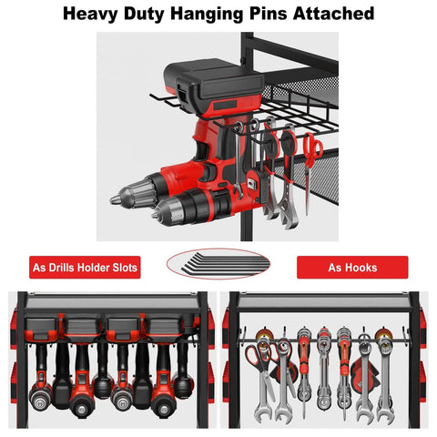 Large Power Tool Organizer Cart With 20A Charging Station, Heavy Duty Drill And Battery Holder Storage Rack displaying tools.