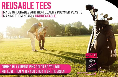 Pink Womens Golf Tees 50 Count with 40 Tall Three and a Quarter Inch Tees and 10 Short One and a Half Inch Tees Near Unbreakable Plastic Four Prong with Stripes Great for Drivers Fairways Irons and Par 3 Play on a golf course with players in background.