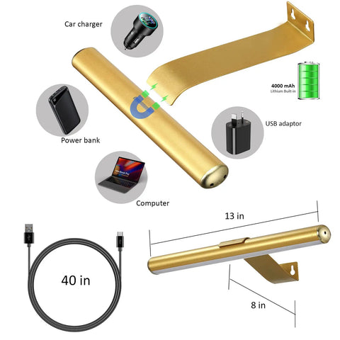Wireless Picture Light Battery Powered And Rechargeable With Remote, gold metal, 13-inch, charging options shown, USB cable included