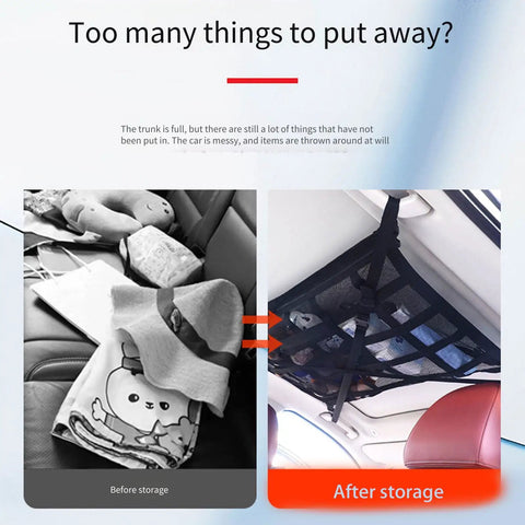 Before and after using Overhead Roof Handle Storage Net With Reinforced Mesh Adjustable Straps Car Organizer For Cabin Space And Gear