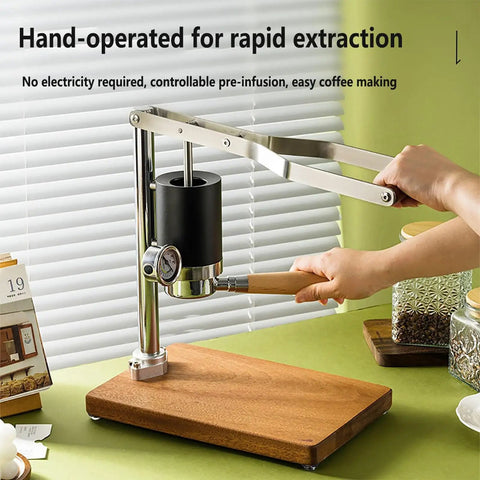 Hand-operated Badass Stainless Steel Manual Lever Espresso Maker With Integrated Pressure Gauge for coffee extraction.