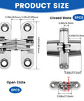 Hidden Cabinet Hinges 1-3/4 Inch 180 Degree Invisible Cross Swing No Visible Hardware Frameless Cabinets With Screws Zinc Alloy 6 Pack Folding Doors Cupboards Wooden Boxes, shown in open and closed states with dimensions.