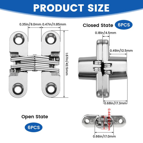Hidden Cabinet Hinges 1-3/4 Inch 180 Degree Invisible Cross Swing No Visible Hardware Frameless Cabinets With Screws Zinc Alloy 6 Pack Folding Doors Cupboards Wooden Boxes, shown in open and closed states with dimensions.