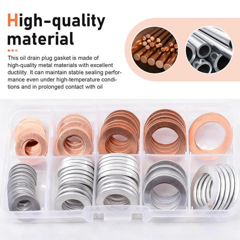 100 Piece Oil Drain Plug Gasket Set With Copper Crush Washers And Aluminum Washers in a storage case