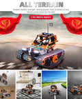 3-In-1 STEM RC Building Kit With Tracked Car, Robot, And Tank, 2.4GHz Rechargeable Remote, Kid-Approved Engineering Toy Set For Ages 8 To 14, 392 Pieces Of Hands-On Science Fun. tracked RC car with ABS bricks on road