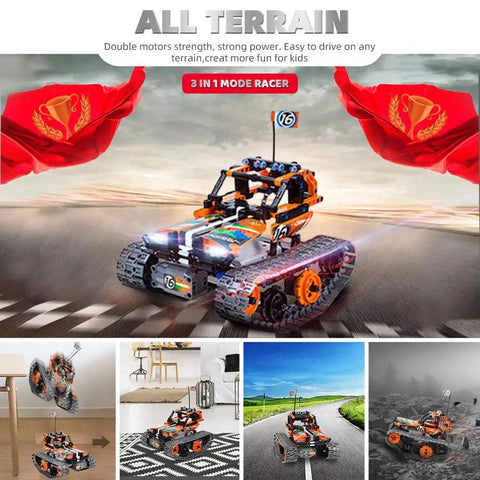 3-In-1 STEM RC Building Kit With Tracked Car, Robot, And Tank, 2.4GHz Rechargeable Remote, Kid-Approved Engineering Toy Set For Ages 8 To 14, 392 Pieces Of Hands-On Science Fun. tracked RC car with ABS bricks on road