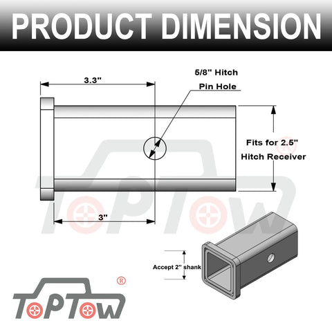 Diagram of 2-1/2 To 2 Inch Hitch Reducer Sleeve With 5/8 Inch Pin And Clip Included Carbon Steel Trailer Receiver Adapter dimensions