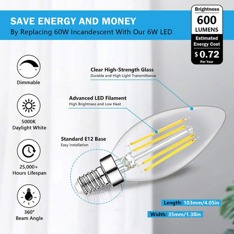 Diagram of 12-Pack Dimmable E12 LED Candelabra Bulbs 60W Equivalent, 5000K Daylight White showing features and specifications