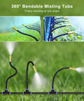 Fifty Foot Automatic Drip Irrigation Kit with tool-free connectors showing 360 degree bendable misting tube spraying water in garden