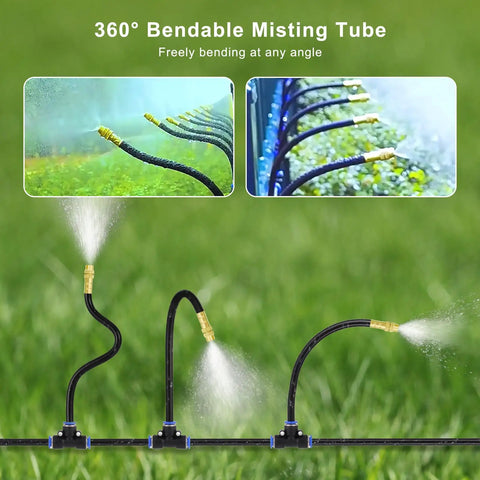Fifty Foot Automatic Drip Irrigation Kit with tool-free connectors showing 360 degree bendable misting tube spraying water in garden