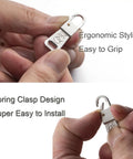 Hands holding Stainless Steel Zipper Pull Replacement For Suitcases And Backpacks No Fuss Easy Fix For Broken Or Missing Zippers Quick Install TSA Friendly Fits Most Luggage And Gear