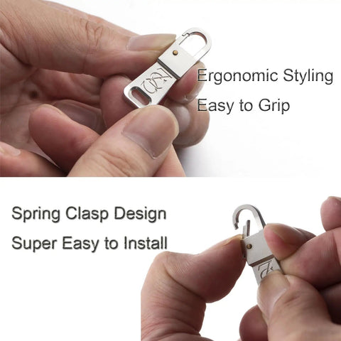 Hands holding Stainless Steel Zipper Pull Replacement For Suitcases And Backpacks No Fuss Easy Fix For Broken Or Missing Zippers Quick Install TSA Friendly Fits Most Luggage And Gear