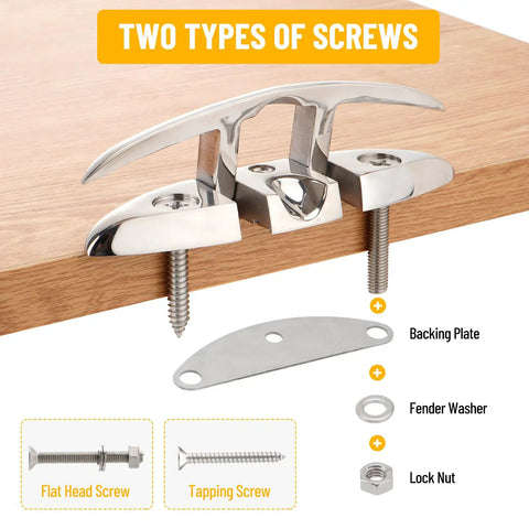 Six Inch Boat Folding Cleats Set 316 Stainless Steel Dock Cleats With Backing Plates And Screws displayed with two screw types