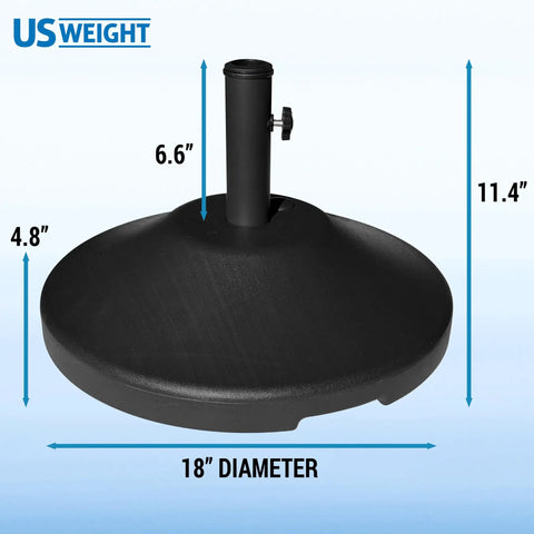 Fillable Weighted Round Umbrella Base For Patio Tables Heavy Duty Weatherproof Stand With 18 Inch Diameter And 11.5 Inch Tall Steel Stem Fits Poles From 1.5 To 2 Inches Made In USA, side view.