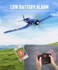 Dope Brushless RC Plane Set With 1806 1900KV Motor flying over grass, low battery alert with transmitter and flashing light graphic