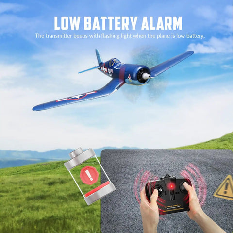 Dope Brushless RC Plane Set With 1806 1900KV Motor flying over grass, low battery alert with transmitter and flashing light graphic