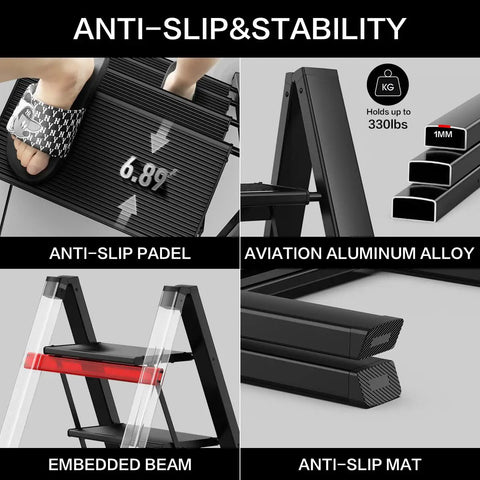 Collage of 3 Step Aluminum Folding Ladder features with wide anti-slip pedals, aviation aluminum alloy, and space-saving design.