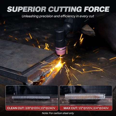 55A Plasma Cutter With Non Touch Pilot Arc And High Frequency Start cutting steel plate, showcasing clean cuts and sparks