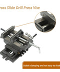 Built Like An Absolute Tank Cross Slide Drill Press Vise With Smooth Dual Axis Compound Movement Crafted From Solid Cast Iron, detailed view showing stable clamping.