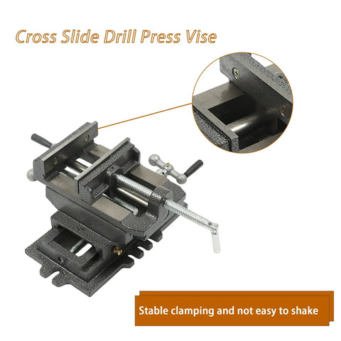 Built Like An Absolute Tank Cross Slide Drill Press Vise With Smooth Dual Axis Compound Movement Crafted From Solid Cast Iron, detailed view showing stable clamping.