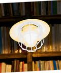 Heavy Duty Wire Lamp Shade And Bulb Guard Cage, white protective fixture over warm bulb in library setting.